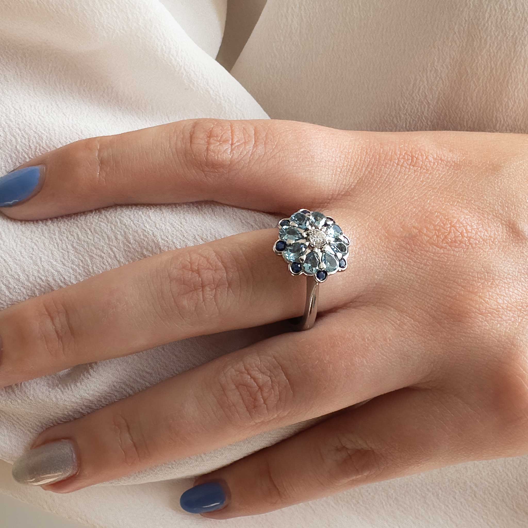 Rose Ring with Aquamarines, Sapphires and Diamond